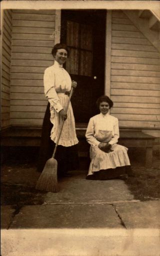 Vintage Rppc Photo Postcard Woman On Porch With Broom Kruxo 1910s