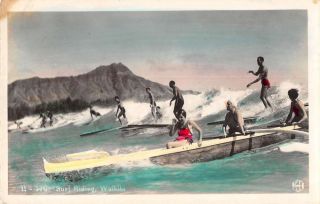 Waikiki Hawaii Surf Riding Tinted Real Photo Vintage Postcard Aa38340