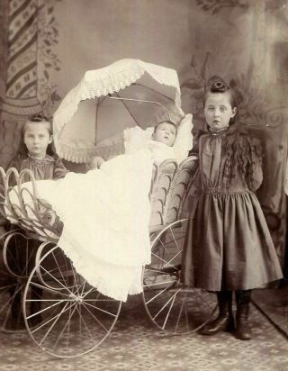 Cabinet Card Photo Victorian Girls W Post Mortem? Baby In Pram Ks