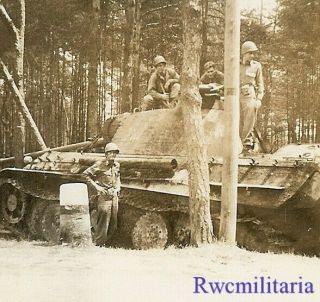 Rare Us Troops W/ Captured German Pzkw.  V Panther Panzer Tank In Woods
