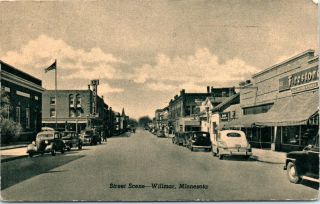 1950s Mn Postcard Street Scene View Willmar Old Cars Firestone All - In - One Store