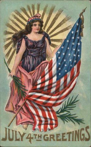 July 4th Greetings: Lady Liberty With Flag Postcard Vintage Post Card
