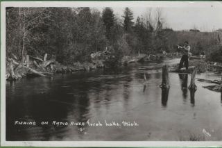 Vintage Michigan Mi Photo Rppc Postcard Fishing On Rapid River Torch Lake 1956
