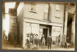 Plumbing Supply Store 1900 Antique Photo Wheelbarrow Bicycle Men Overalls Owner