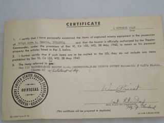 Wwii 1945 Us Army Capture Certificate Paper German Mauser Pistol 8th Aaf 388th