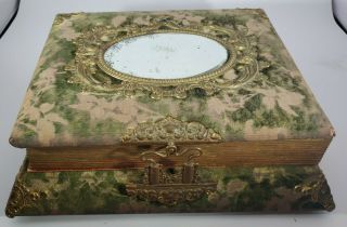 Antique Victorian Green Pink Music Box Velvet Mirror Photo Album