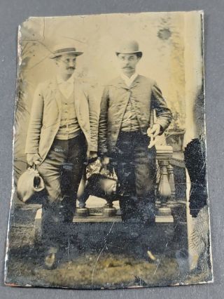 Vintage Tintype Photo Two Well Dressed Men Traveling Or Doctors With Bags