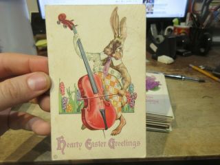 Old Postcard Victorian Era Happy Easter Sunday Bunny Rabbit Violin Stringed Bass