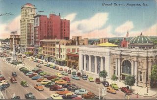 Augusta,  Georgia - Broad Street - 1961 - Linen - Old Cars,  Flag,  Dome
