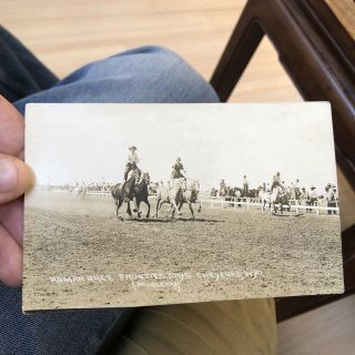Rare Old Rppc Photo Postcard Cheyenne Days Cowboy Western Rodeo (trick Riders)