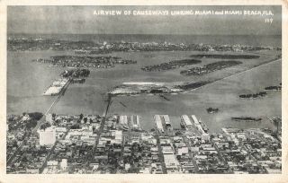Vintage Postcard Airview Causeways Miami & Beach Florida Aerial Photo Birdseye