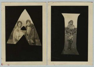 2 Unique Vintage Photos Young Women Native American In Cut - Out Letters 1920s