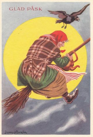 Old Easter Witch Small Postcard Witch Flies Broom Moon Crow Sign Jenny Nystrom