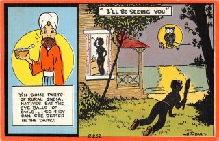 Comic Old Linen Pc - Man From India Eats Owl 
