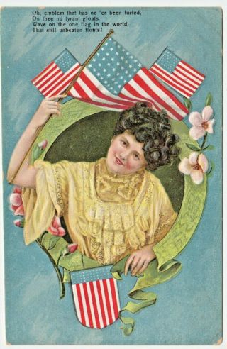 Vintage Embossed July 4th Patriotic Postcard Lady With Flags & Verse