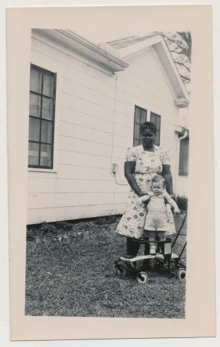 Black Nanny Woman W White Child On Toy Vtg 1930s Snapshot Photo African American
