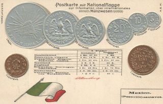 Vintage Mexico Flag & Embossed Copper & Silver Coins Postcard -