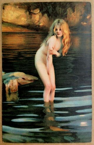 Old Postcard,  " In The Twilight ",  Art By Paul Chabas,  Young Girl Bathes In River
