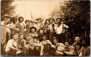 Vintage Rppc Real Photo Postcard Group Of Men & Boys Drinking Beer C1910s