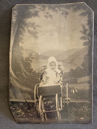 Tintype Photo 1880s Baby Wearing Bonnet In Pram Stroller Painted Backdrop