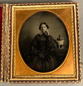 1/6 Plate Ambrotype Woman With Head Resting On Hand,  Memorial Urn,  Dag On Table