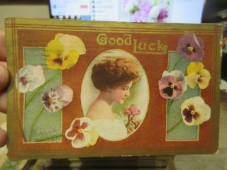 Victorian Era Old Postcard Missouri Butler Good Luck Pansy Flowers Gal