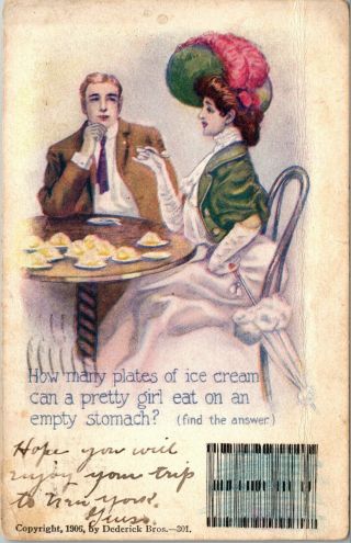Vtg 1906 Girl Eating Ice Cream Love Romance Romantic Edwardian Postcard P2511