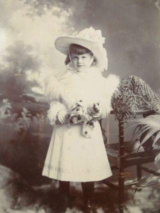 Antique Cabinet Photo Very Cute Little Girl Winter Coat Hat Fur Jester Doll Toy