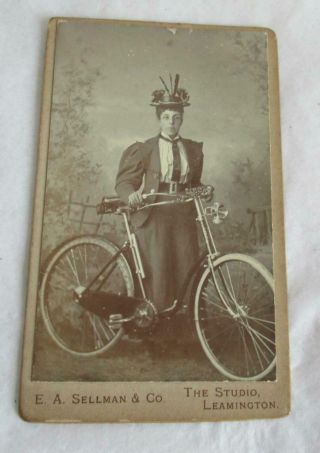 Antique Cdv Photograph Lady In Stunning Hat & Victorian Bicycle,  Lamp