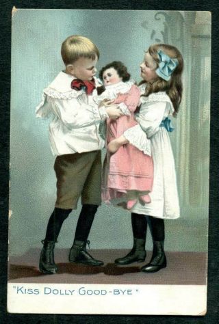 Old Postcard Boy & Girl Holding Doll Raphael Tuck Kiss Dolly Goodbye