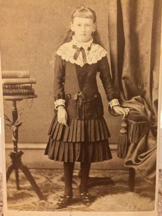Cabinet Card Photo Girl In Dress Books Victoria B.  C.  Name On Back Age 11 Female