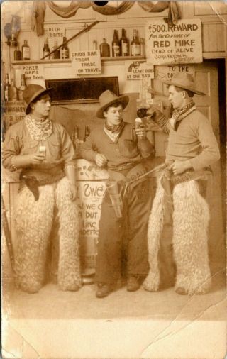 3 Men Dressed As Cowboys At Bar With Guns Old Studio Real Photo Postcard