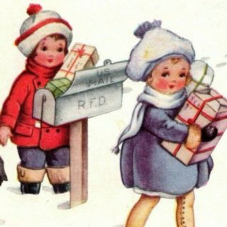 C 1915 Whitney Christmas Postcard Sweet Boy Girl Visit Mailbox Packages Cottage