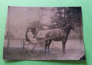 Antique Tintype Vintage Photo Of Couple With Baby Horse Drawn Carriage