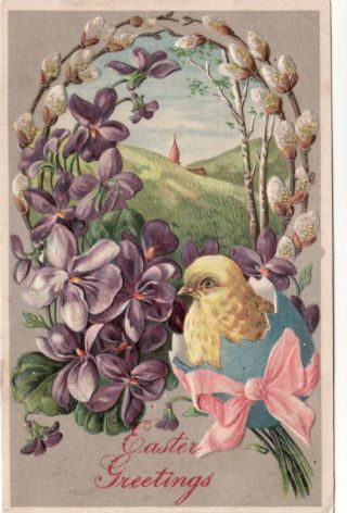 Easter Greetings Baby Chick In A Blue Egg And Flowers - Old Postcard Embossed