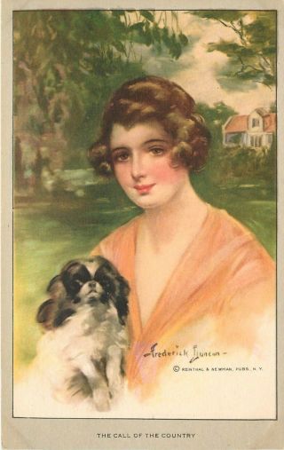 Vintage Postcard A/s Frederick Duncan Call Of The Country Pretty Girl & Lap Dog