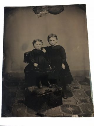 Full Plate Tintype Children In Black Dresses Young Girls Photo 6.  5 X 8.  5.  ”