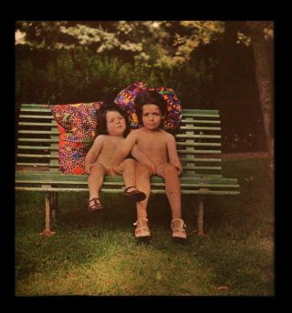 Big Autochrome On Glass Children Brother And Sitting On A Bench.