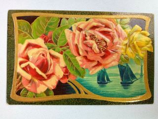 Vintage Postcard Best Wishes Greetings Pink Roses Sail Boats Embossed