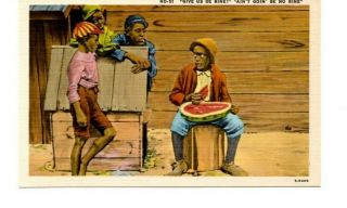Watermelon Eating Scene Men At Doghouse Vintage Postcard B3