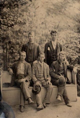 Vintage 6th Plate Tintype Image 5 Young Men On Bench Outside,  Woods For Backdrop