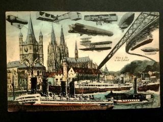 Old Germany Postcard: Airplanes & Airships / Dirigibles Over Koln A Rhein,  1910