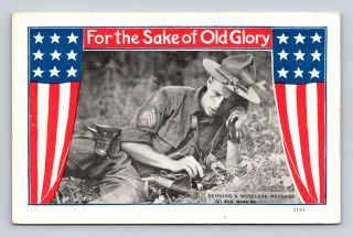 Postcard For The Sake Of Old Glory Soldier Sending Wireless Message In Field