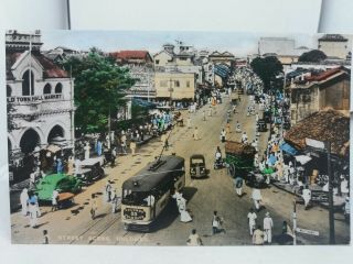 Vintage Postcard Animated Street Scene Colombo Ceylon Sri Lanka No 33 Tram 1950s