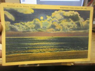 Vintage Old Postcard Maryland Greetings From Ocean City Moonlight Over Atlantic
