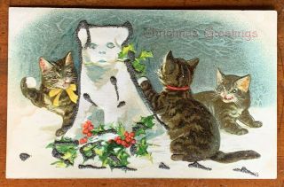 Holiday Vintage Christmas Greetings Cats Snowball Fight Around Snow Dog; Glitter