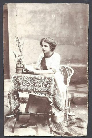 Postcard Czech Antique Real Photo Woman Reading Book Rare Tablecloth Studio Old