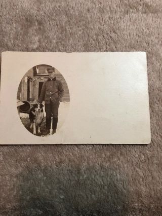Real Photo Postcard Rppc Unsused Uniform Man And Dog Vintage Border Collie?