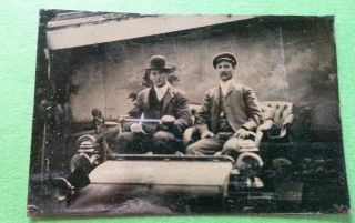 Antique Tintype Vintage Photo Of Two Men In Car With Stick Drive/wheel
