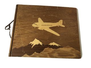 Antique Wood Cover Photo Album Plane Aviation Empty Pages